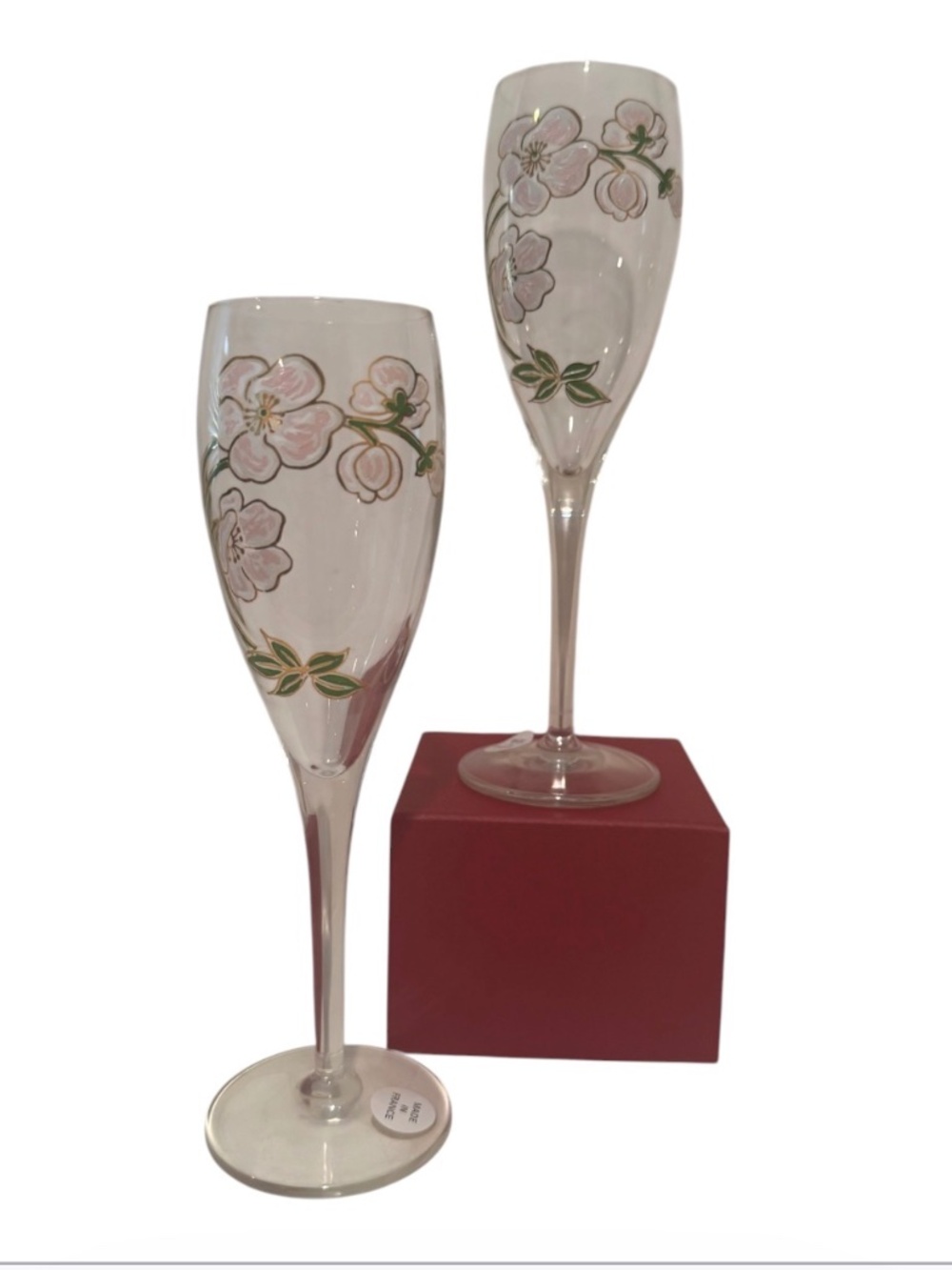 Perrier Jouet Painted Champagne Glasses, Pair of Flutes,